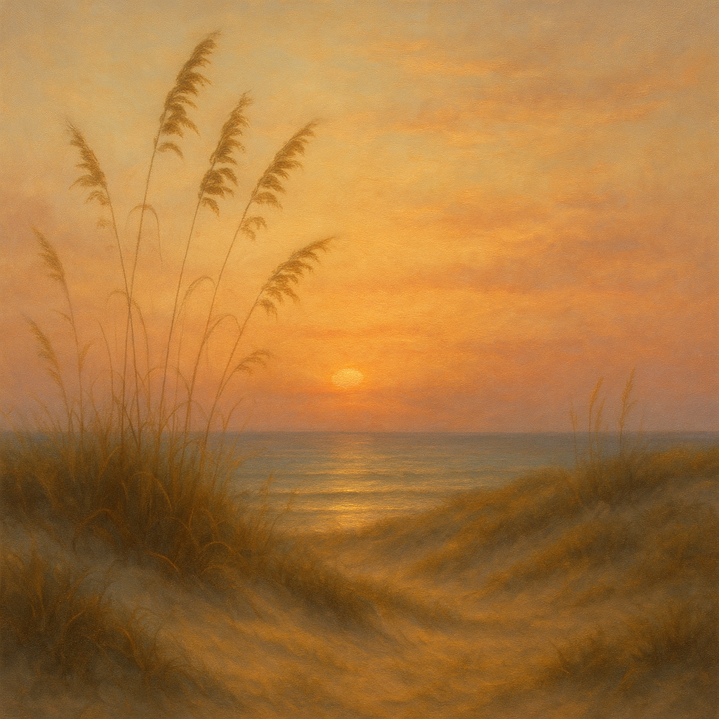 Sea Oats on Rolling Coastal Dunes at Sunset Oil Painting - View 1