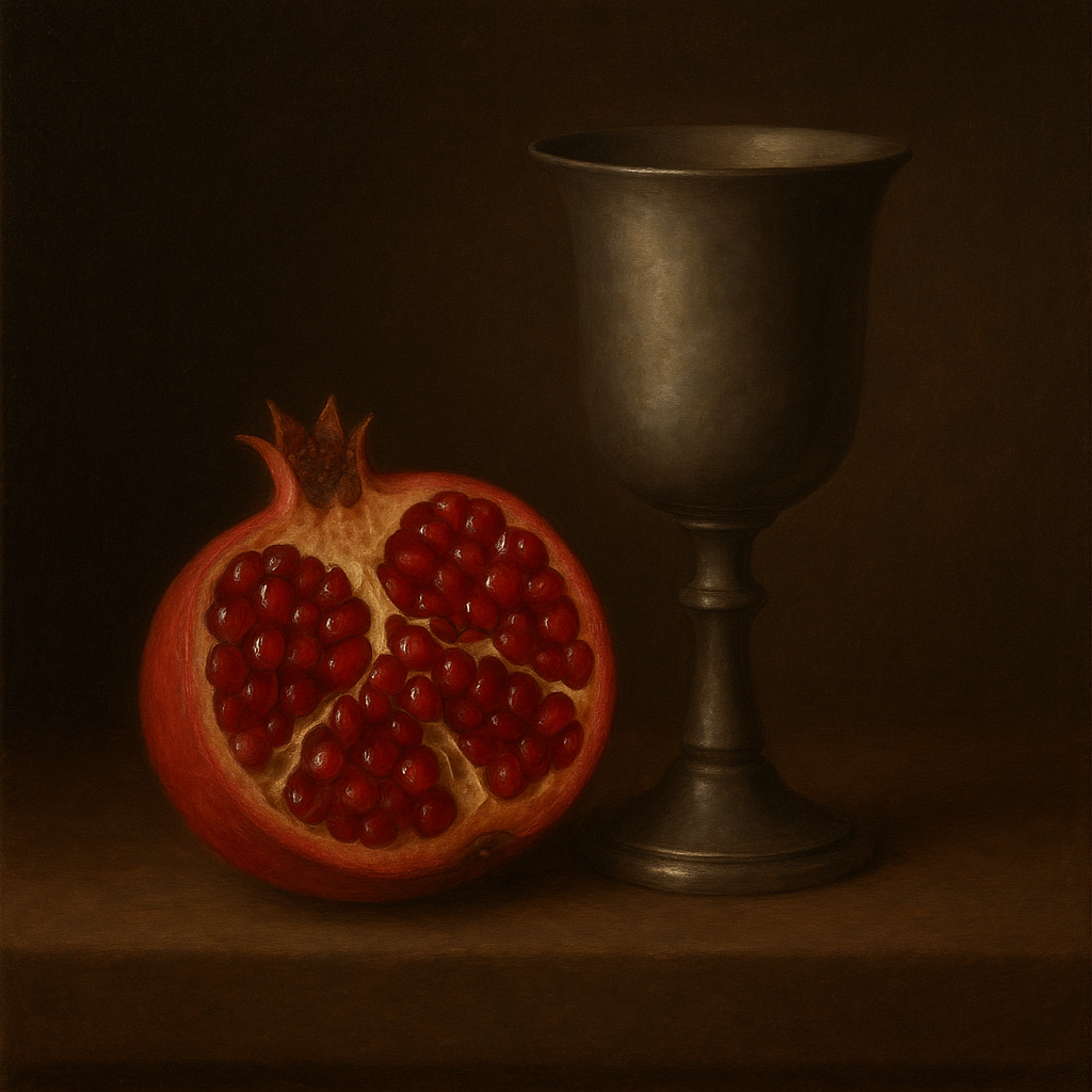 Pomegranate & Vintage Pewter Goblet No. 9 Oil Painting - View 1