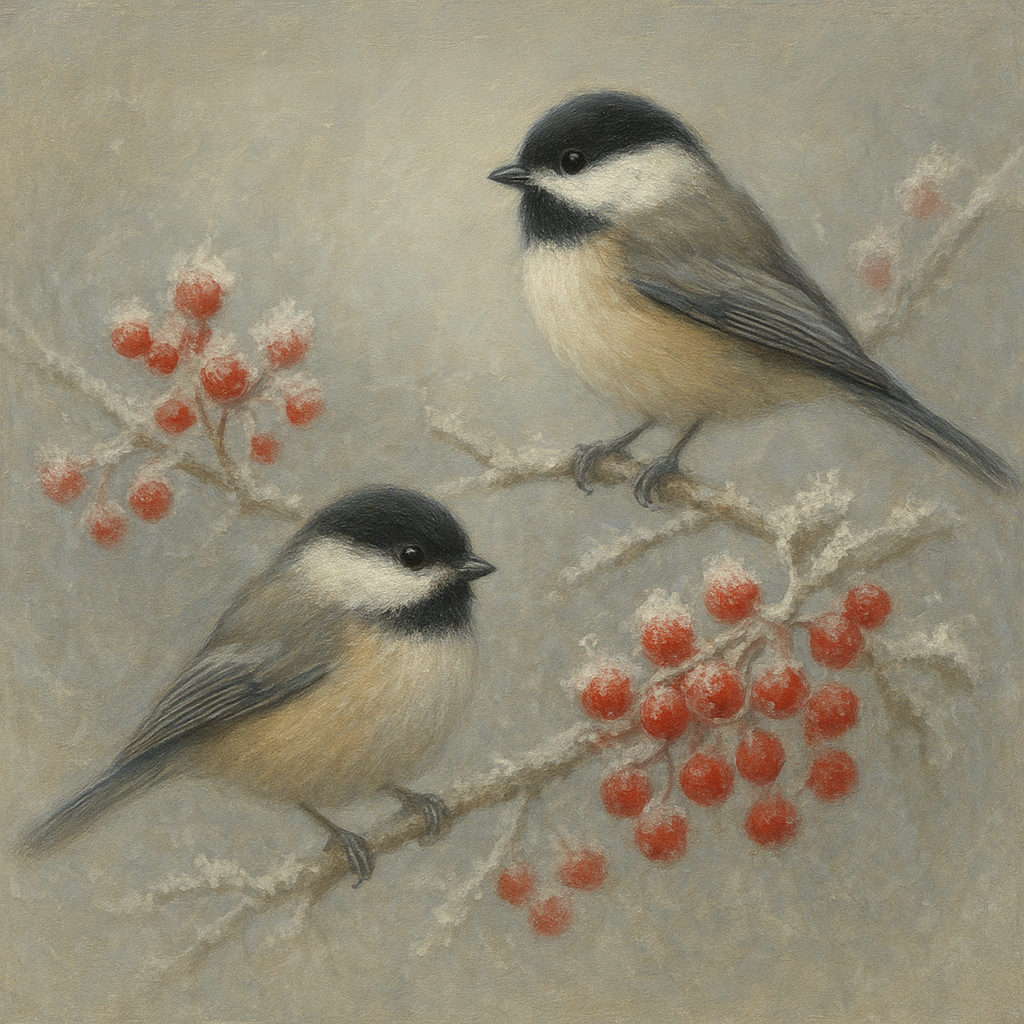 Winter Birds on Frosty Red Berry Branch No. 9 Oil Painting 100% Hand Painted Oil on Belgian Linen Canvas, Original Fine Art Wall Decor