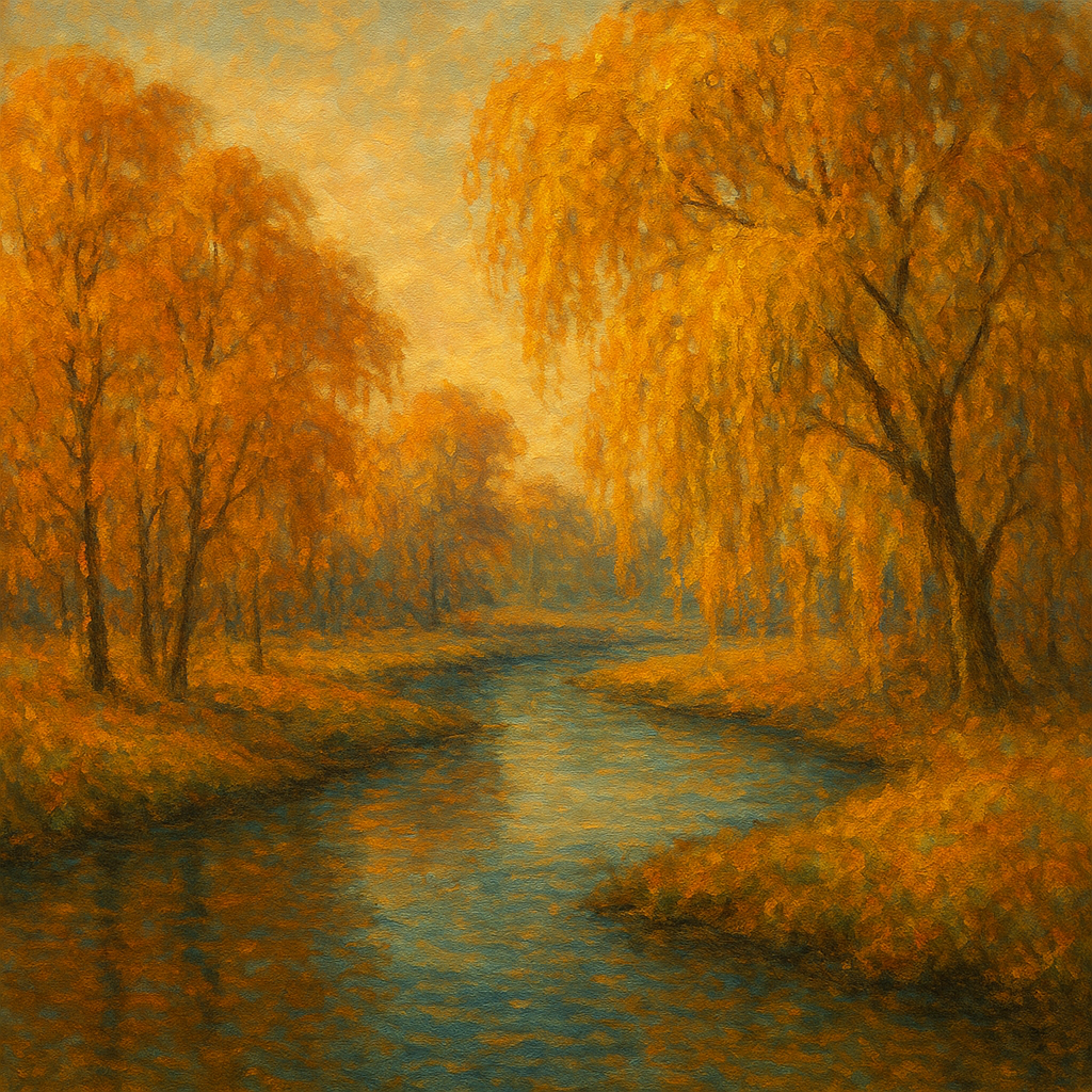 Tranquil River through Autumn Willow Woods No. 8 Fine Art Oil Painting - View 1