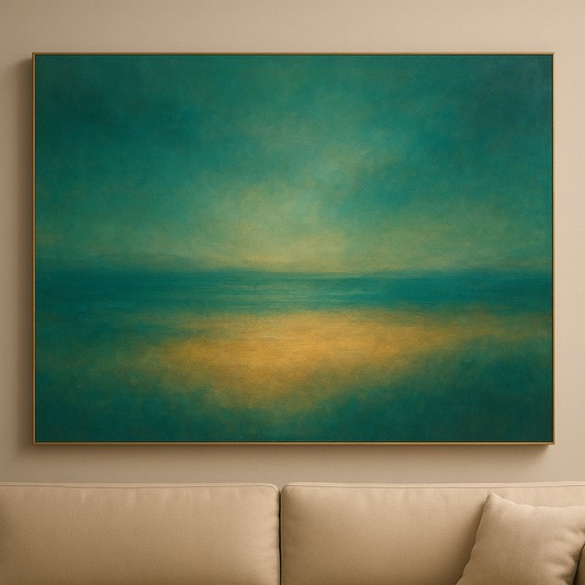 Peacock Teal & Champagne Gold Horizon No. 5 Oil Painting 100% Hand Painted Oil on Belgian Linen Canvas, Original Fine Art Wall Decor