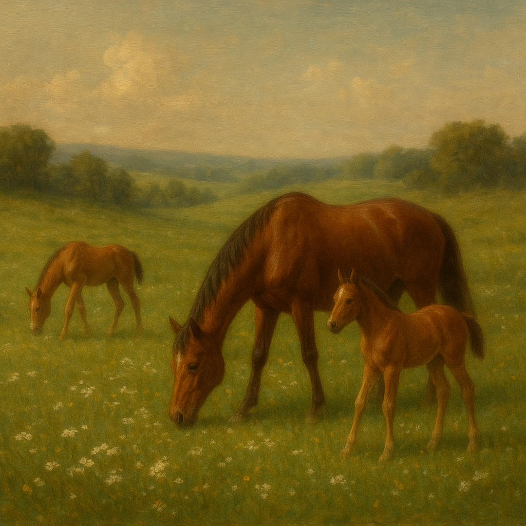 Mares & Foals Grazing in Rolling Meadow Oil Painting 100% Hand Painted Oil on Belgian Linen Canvas, Original Fine Art Wall Decor