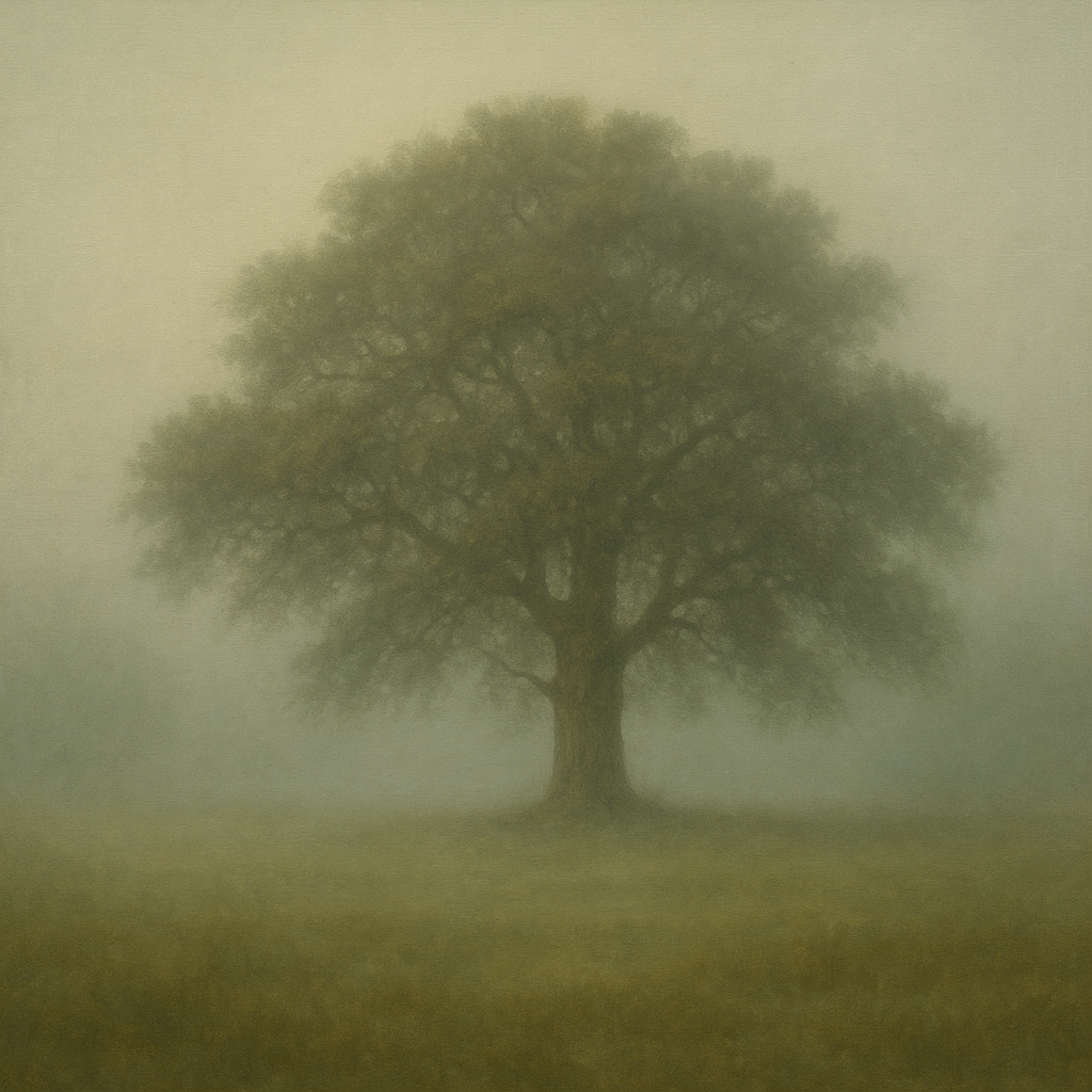 Ancient Solitary Oak in Morning Fog No. 6 Oil Painting - View 1