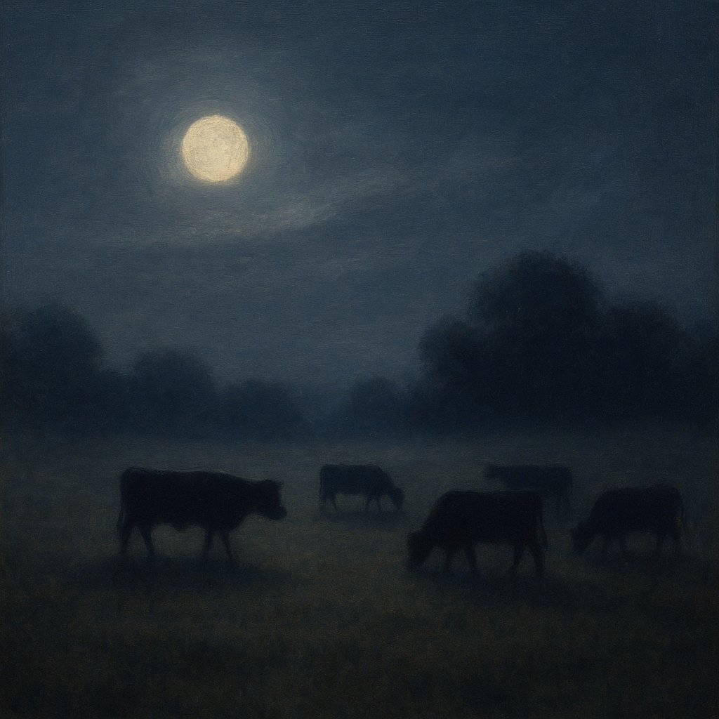 Moonlit Pastoral Meadow & Cattle Silhouettes No. 7 Oil Painting - View 1