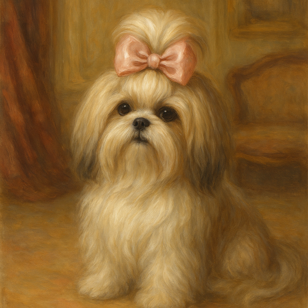 Sweet Shih Tzu with Silk Bow in Parlor No. 2 Fine Art Oil Painting - View 1