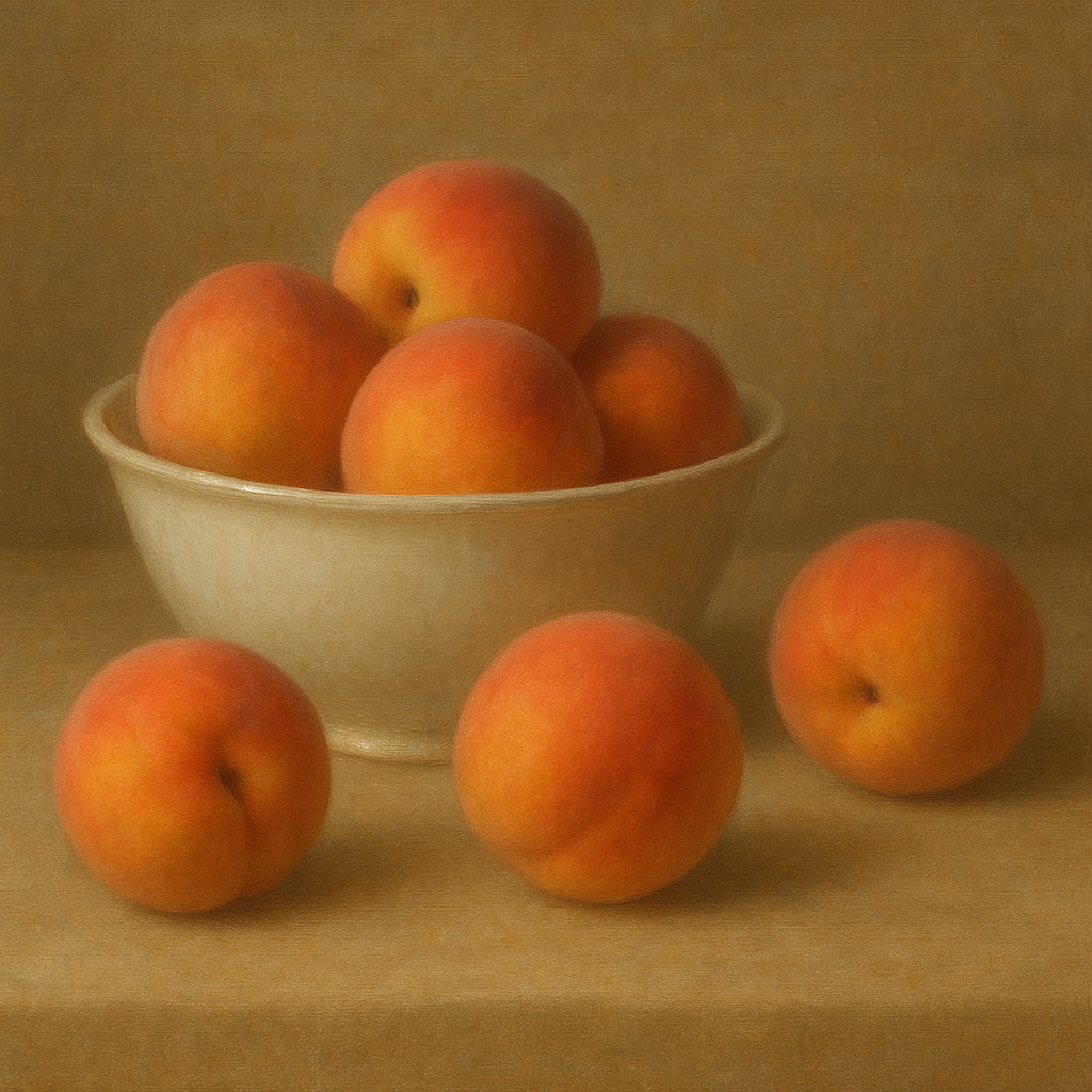 Heirloom Peaches & White Ceramic Bowl No. 7 Oil Painting - View 1