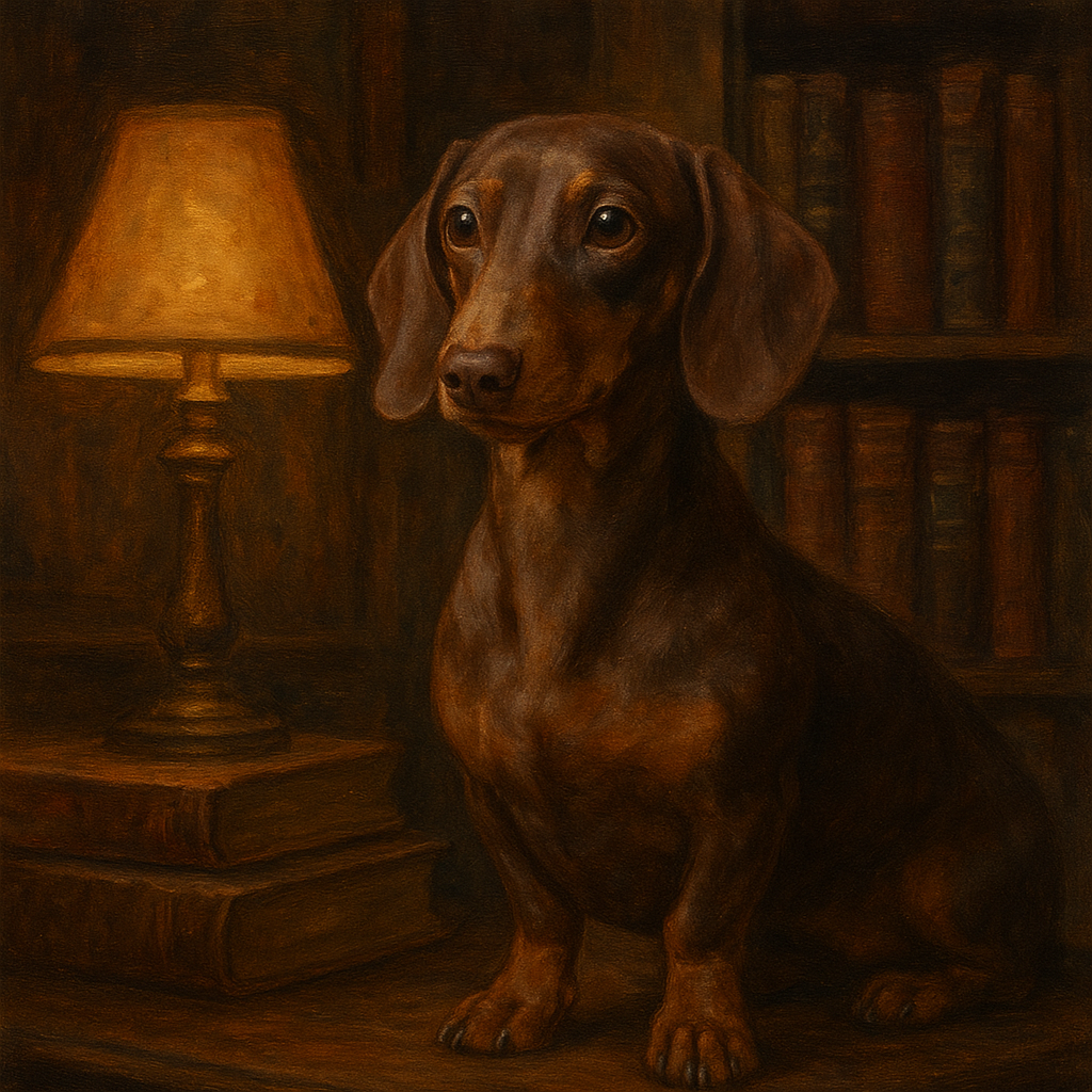 Smooth Dachshund in Moody Library Study No. 17 Fine Art Oil Painting - View 1