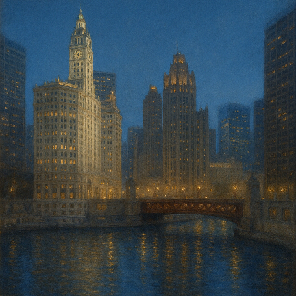Chicago Riverfront Architecture at Blue Hour Oil Painting - View 1