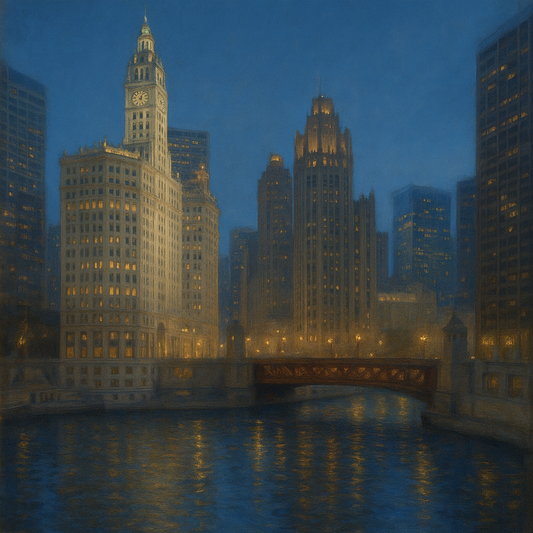 Chicago Riverfront Architecture at Blue Hour Oil Painting 100% Hand Painted Oil on Belgian Linen Canvas, Original Fine Art Wall Decor