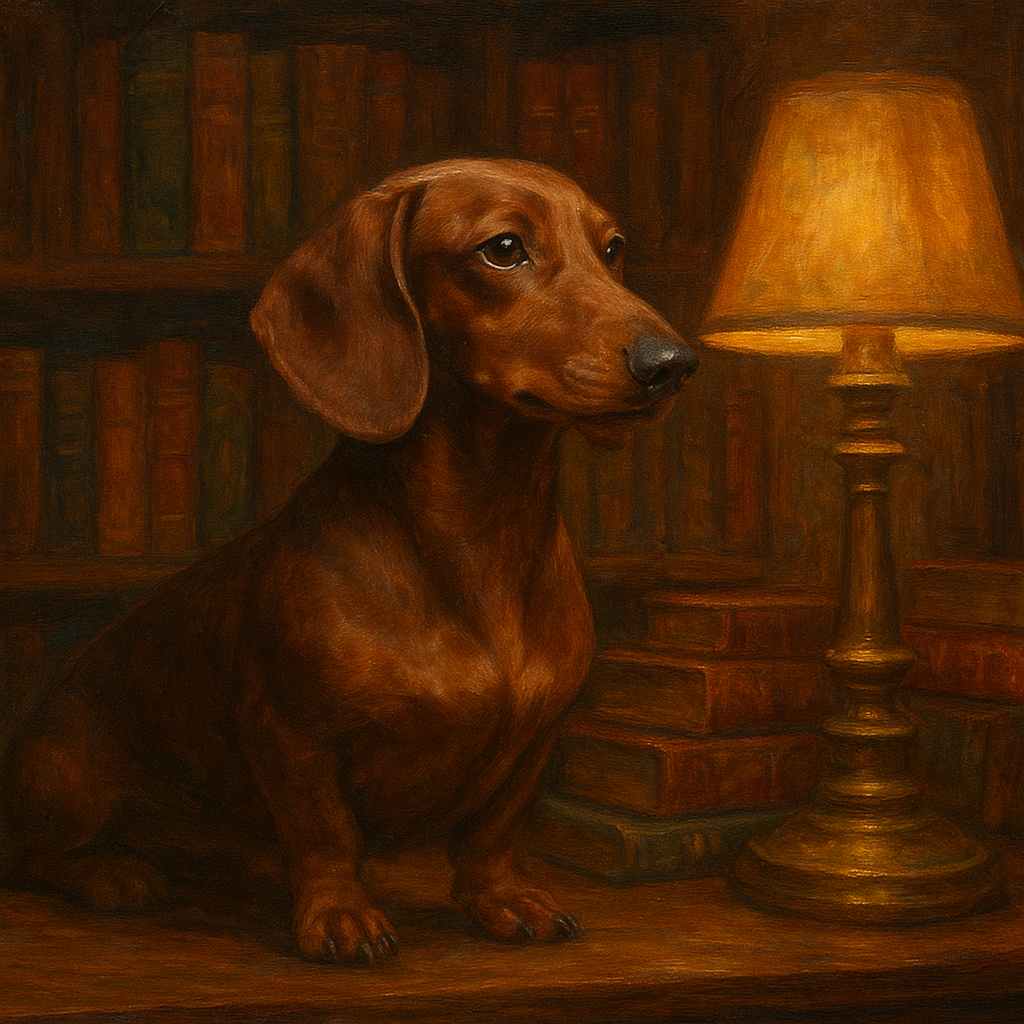 Smooth Dachshund in Moody Library Study No. 7 Fine Art Oil Painting - View 1