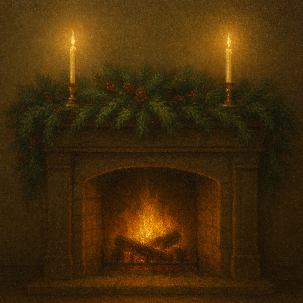 Vintage Fireside Hearth & Cedar Garlands No. 2 Oil Painting - View 1