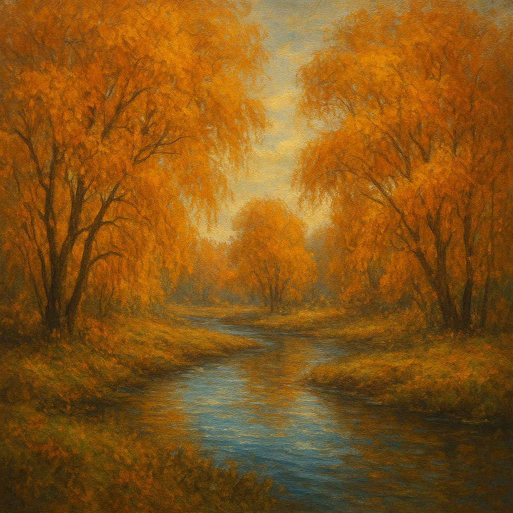 Tranquil River through Autumn Willow Woods No. 9 Fine Art Oil Painting - View 1