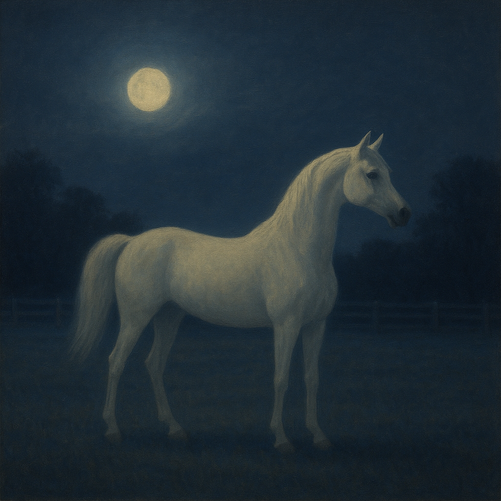 Moonlit Paddock with White Arabian Silhouette No. 2 Oil Painting - View 1