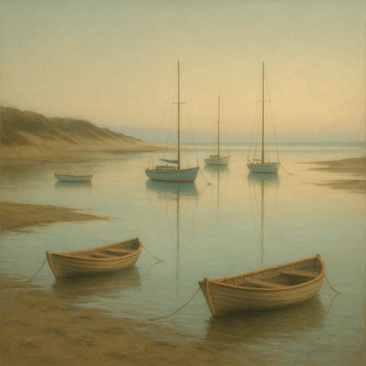Quiet Fishing Harbor at Morning Low Tide No. 18 Oil Painting 100% Hand Painted Oil on Belgian Linen Canvas, Original Fine Art Wall Decor