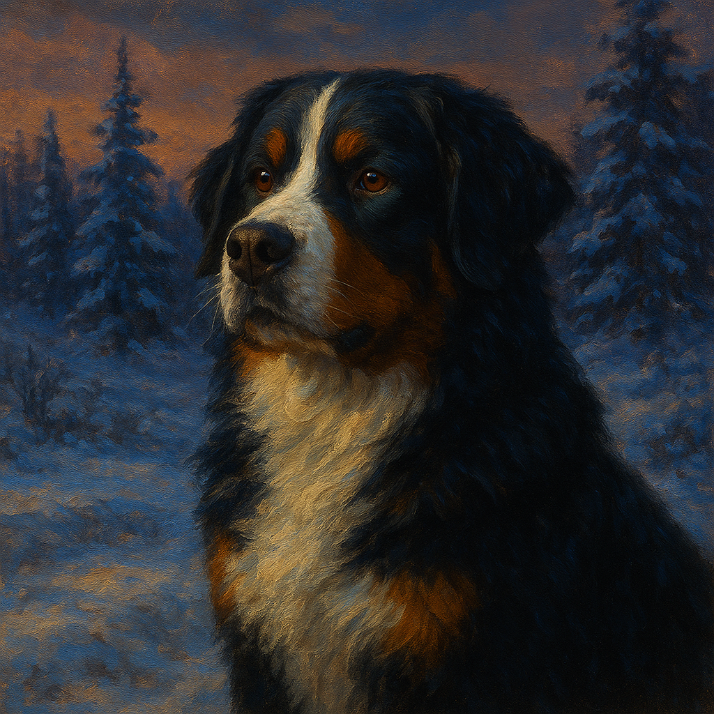 Bernese Mountain Dog in Winter Snowscape No. 10 Fine Art Oil Painting - View 1