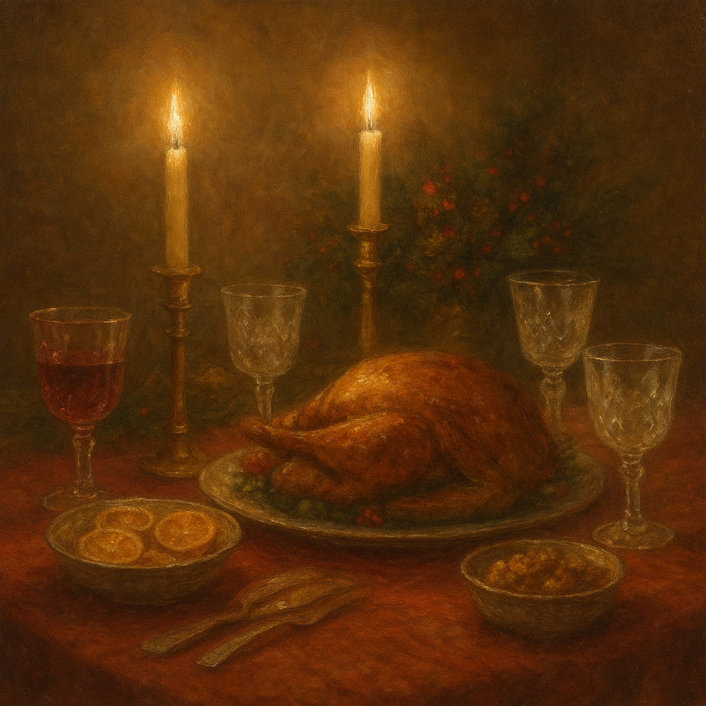Candlelit Holiday Table & Vintage Glassware No. 2 Oil Painting - View 1