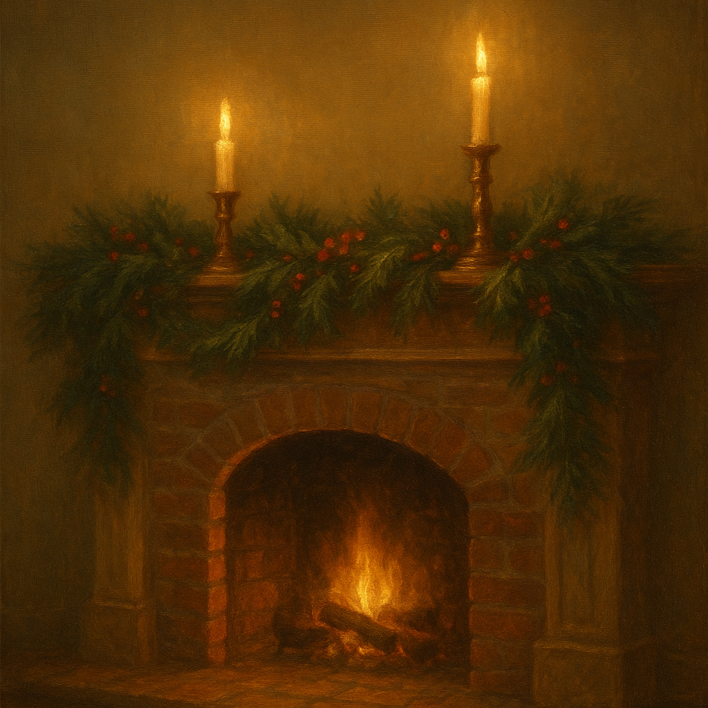 Vintage Fireside Hearth & Cedar Garlands No. 8 Oil Painting - View 1