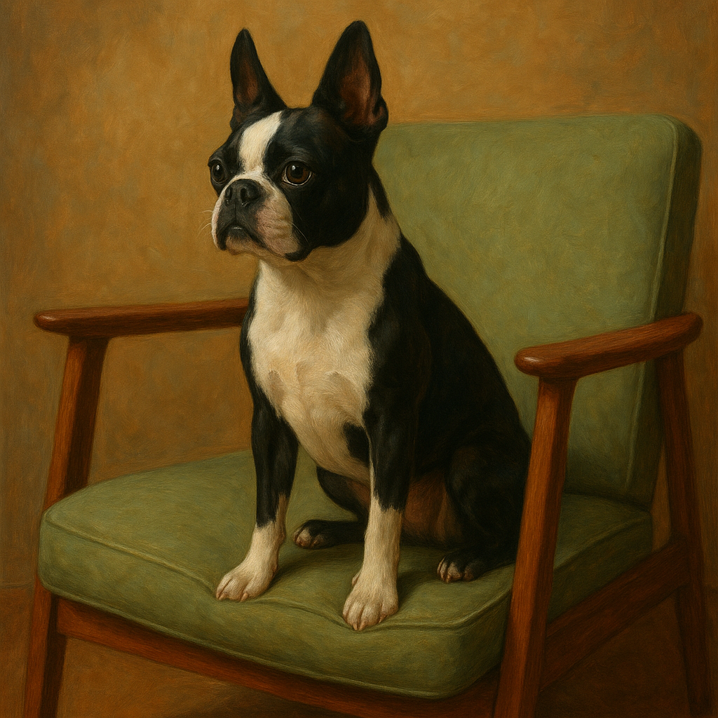 Boston Terrier in Warm Mid-Century Armchair No. 3 Fine Art Oil Painting - View 1