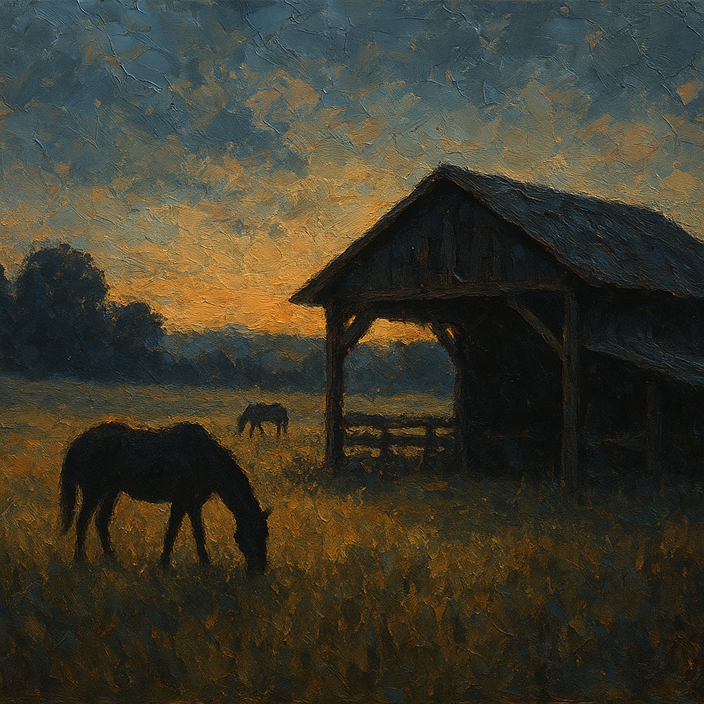 Rustic Equestrian Stable Silhouette No. 3 Oil Painting - 100% Hand-Painted Master Oil Painting