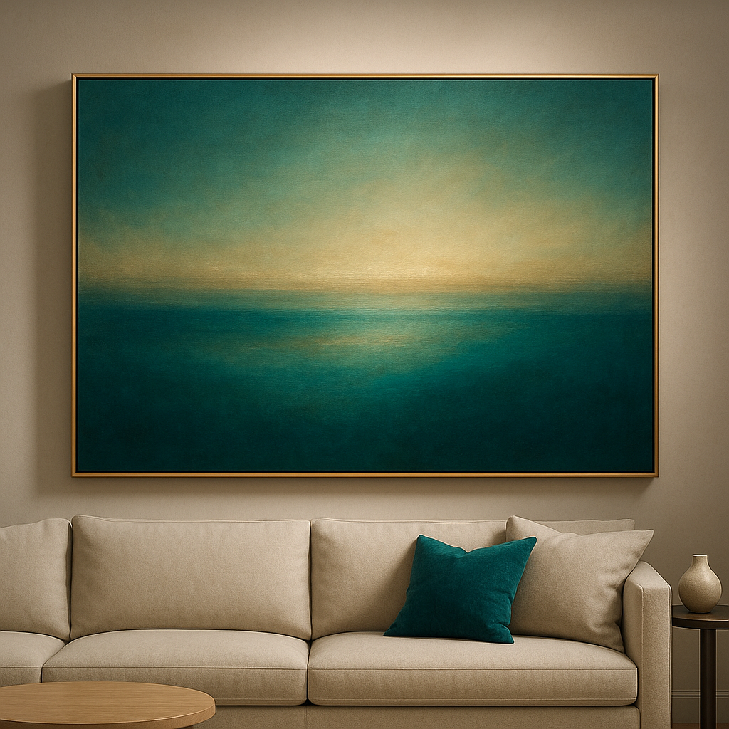 Peacock Teal & Champagne Gold Horizon No. 6 Oil Painting 100% Hand Painted Oil on Belgian Linen Canvas, Original Fine Art Wall Decor
