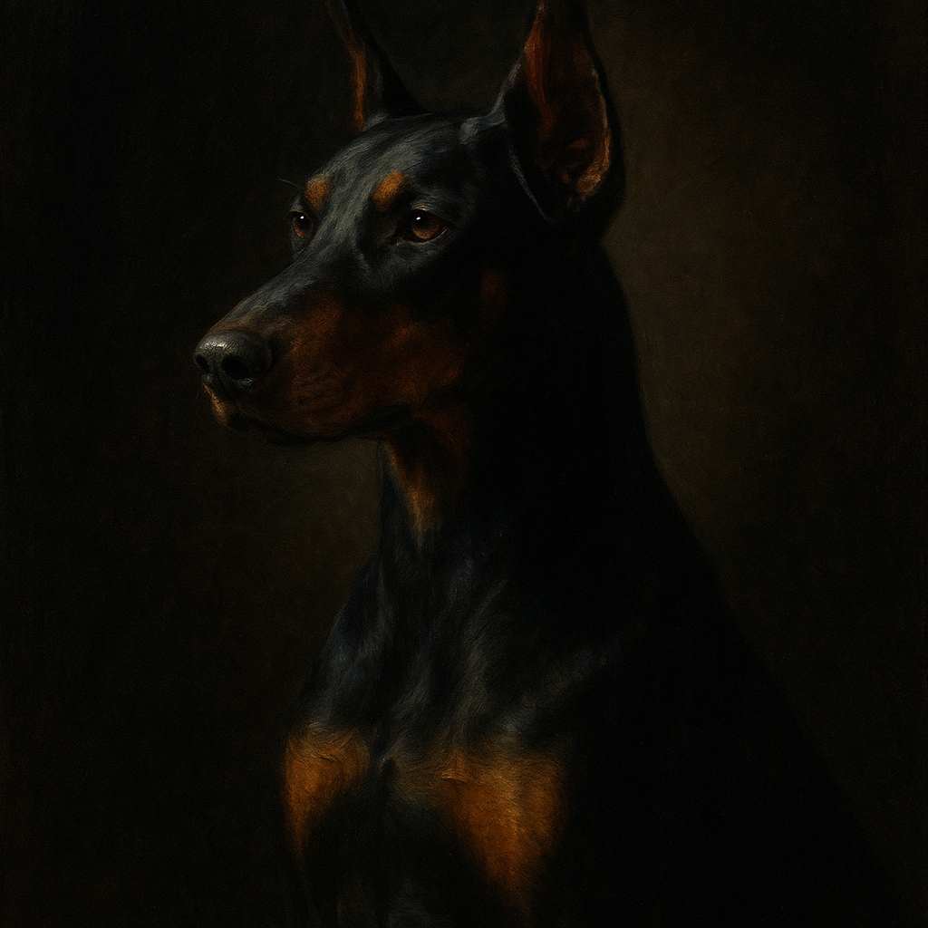 Alert Doberman Pinscher in Shadow & Light Fine Art Oil Painting - View 1