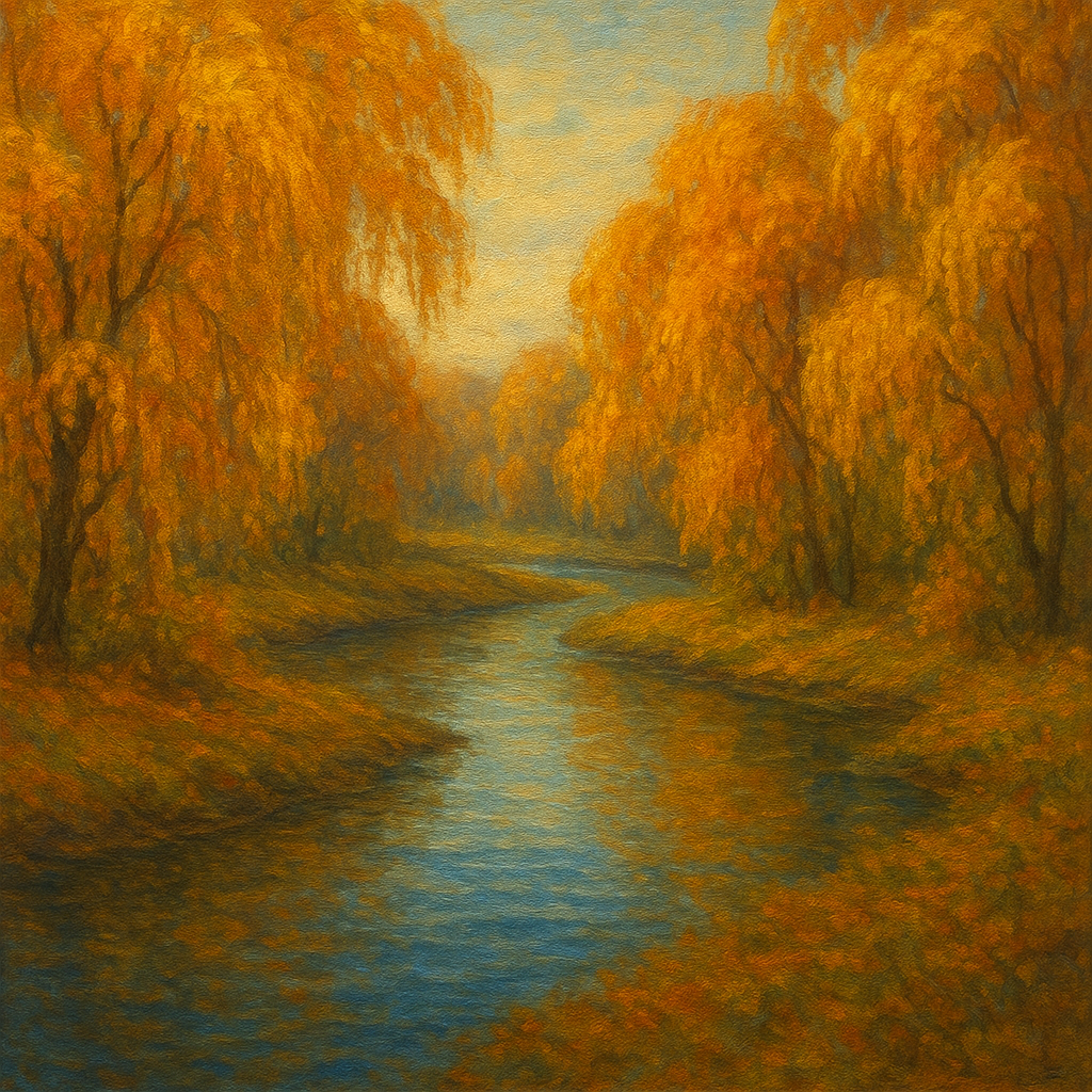 Tranquil River through Autumn Willow Woods No. 7 Fine Art Oil Painting - View 1