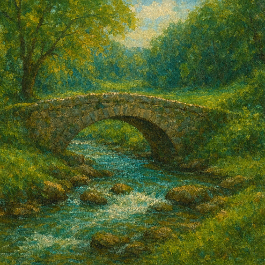 Old Stone Bridge over Bubbling Country Stream No. 5 Fine Art Oil Painting - View 1