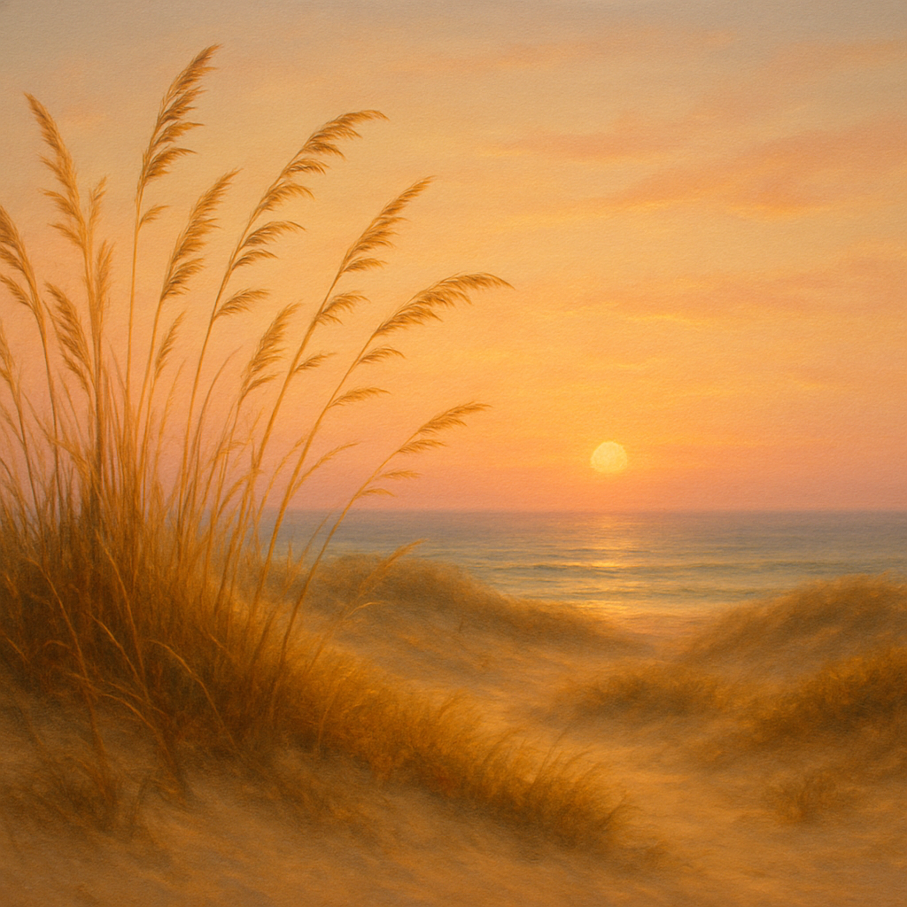 Sea Oats on Rolling Coastal Dunes at Sunset No. 12 Oil Painting - View 1