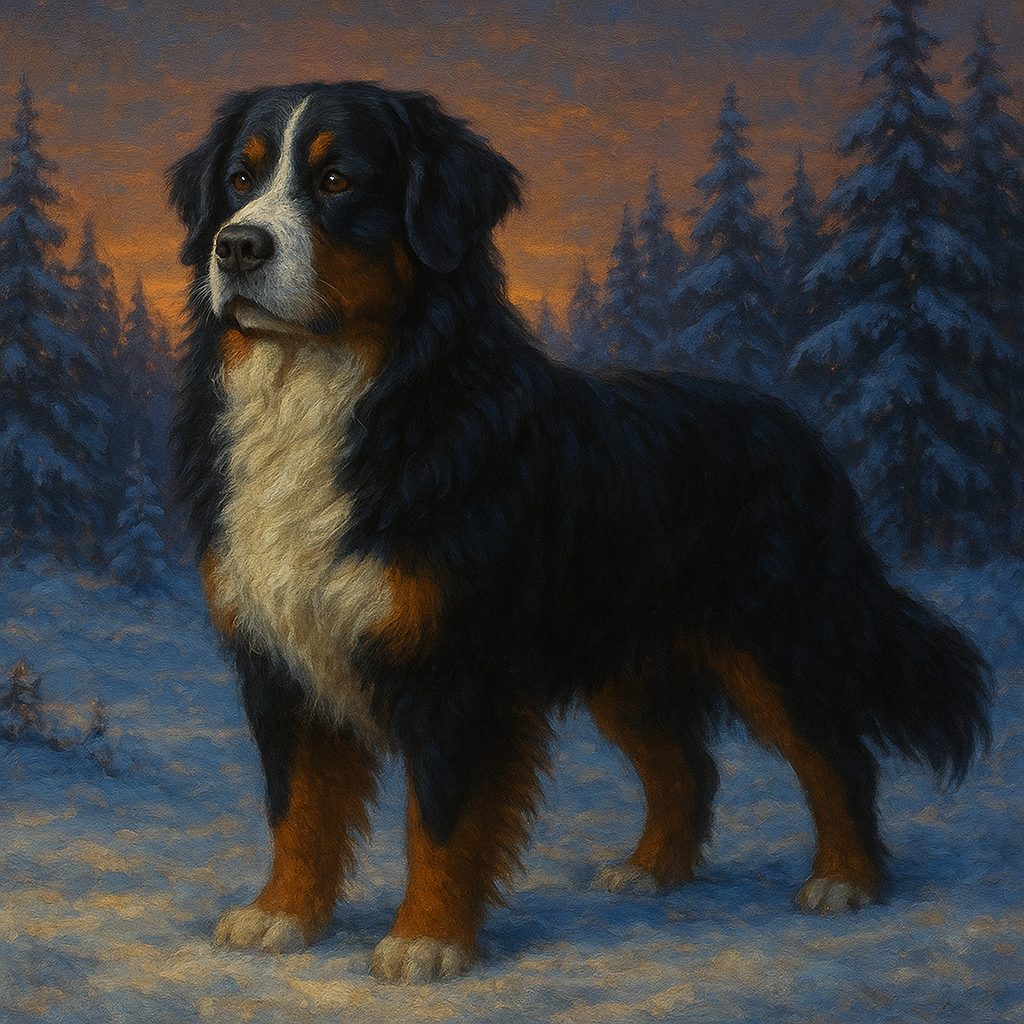 Bernese Mountain Dog in Winter Snowscape No. 7 Fine Art Oil Painting - View 1