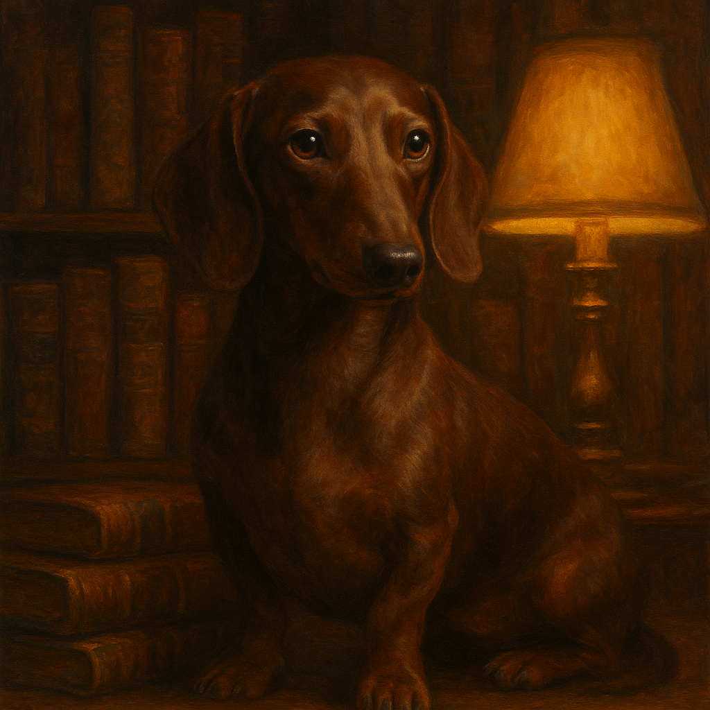 Smooth Dachshund in Moody Library Study No. 3 Fine Art Oil Painting - View 1
