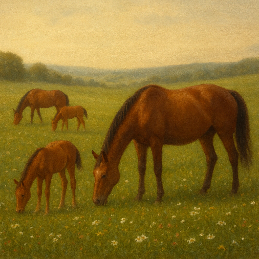 Mares & Foals Grazing in Rolling Meadow No. 8 Oil Painting - View 1
