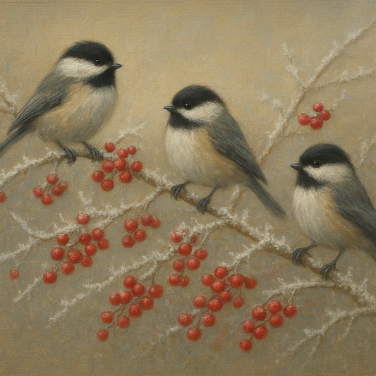 Winter Birds on Frosty Red Berry Branch No. 10 Oil Painting 100% Hand Painted Oil on Belgian Linen Canvas, Original Fine Art Wall Decor