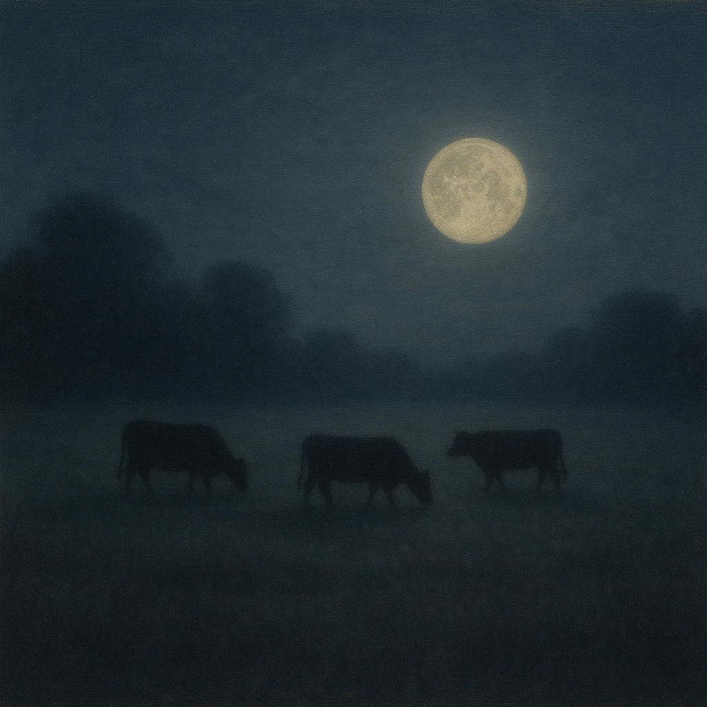 Moonlit Pastoral Meadow & Cattle Silhouettes No. 8 Oil Painting - View 1