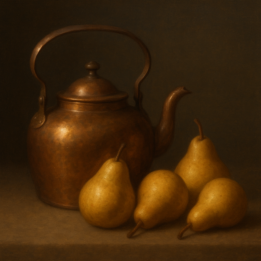 Antique Copper Kettle & Orchard Pears No. 8 Oil Painting - View 1