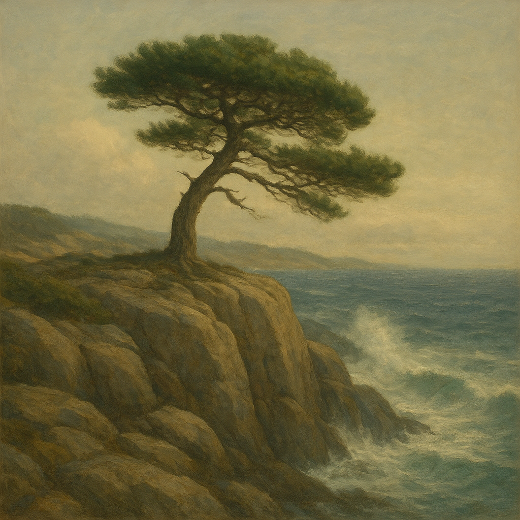 Wild Coastal Pine on Stormy Granite Cliff No. 7 Oil Painting - View 1