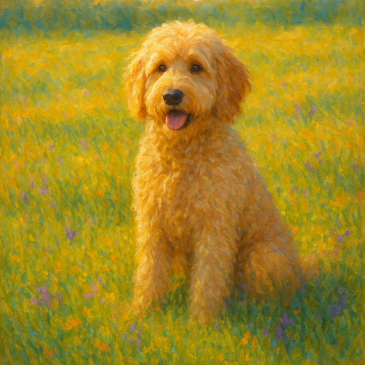 Fluffy Goldendoodle in Sun-Drenched Meadow No. 13 Fine Art Oil Painting - View 1