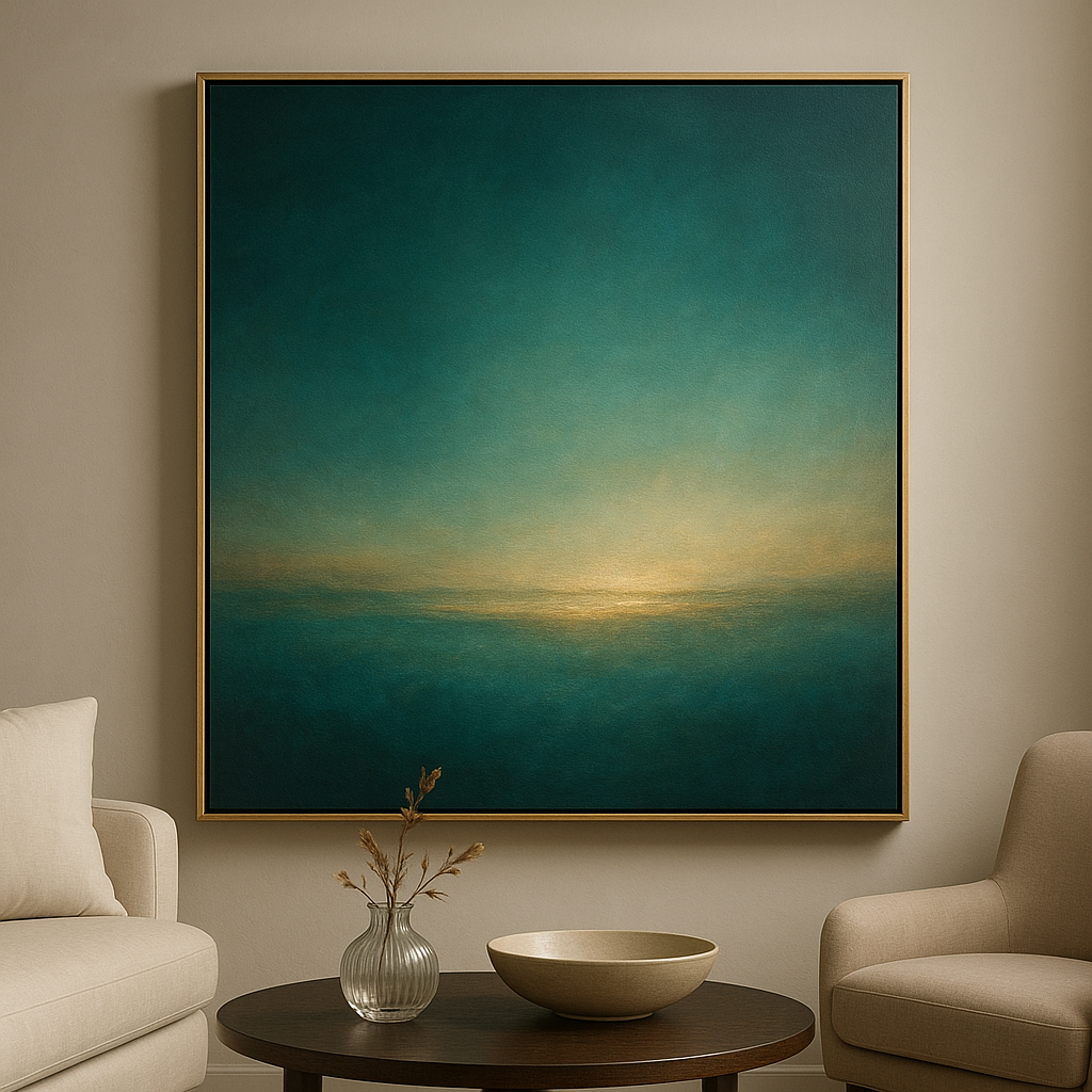 Peacock Teal & Champagne Gold Horizon No. 15 Oil Painting - View 1