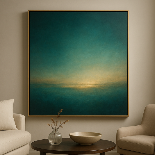 Peacock Teal & Champagne Gold Horizon No. 15 Oil Painting 100% Hand Painted Oil on Belgian Linen Canvas, Original Fine Art Wall Decor