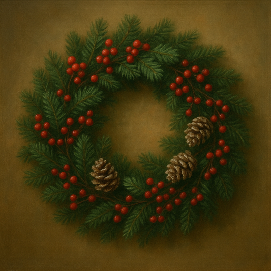 Vintage Holiday Botanical Wreath & Berries No. 9 Oil Painting 100% Hand Painted Oil on Belgian Linen Canvas, Original Fine Art Wall Decor