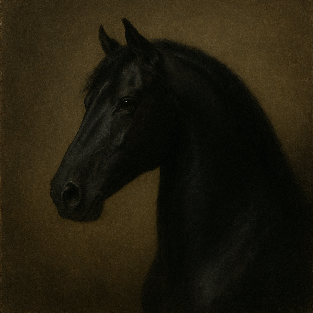 Dark Stallion Portrait in Classical Sfumato No. 17 Oil Painting 100% Hand Painted Oil on Belgian Linen Canvas, Original Fine Art Wall Decor
