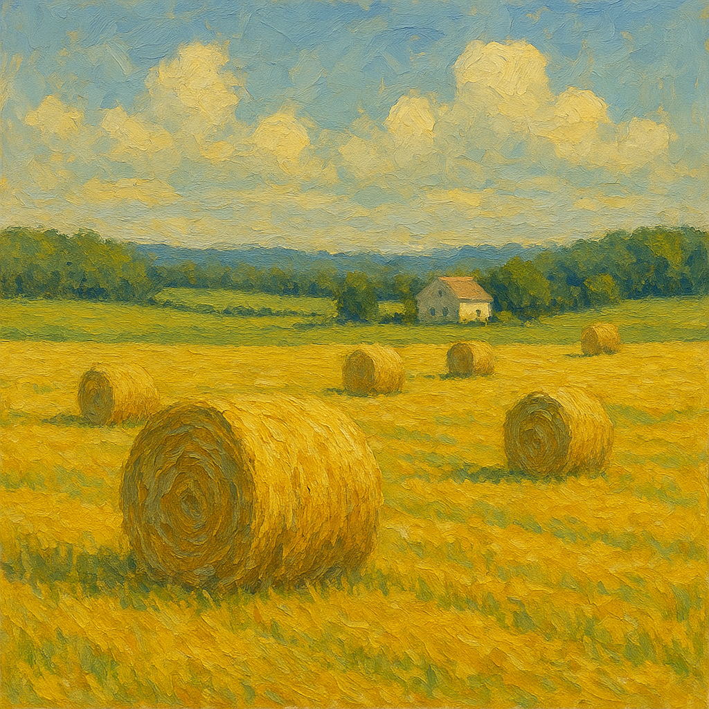 Rolling Meadow Hay Bales Horizon No. 3 Oil Painting - 100% Hand-Painted Master Oil Painting