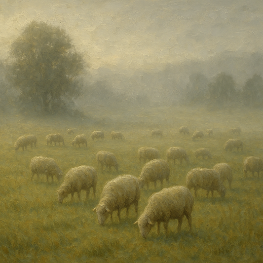 Pastoral Grazing Flock at Morning Mist No. 3 Oil Painting - 100% Hand-Painted Master Oil Painting