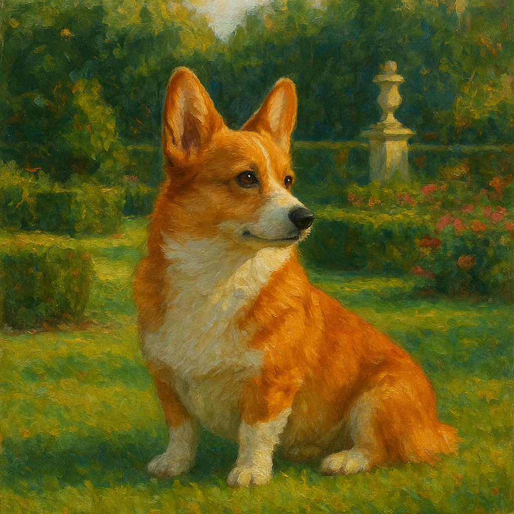 Pembroke Welsh Corgi in Royal English Garden No. 13 Fine Art Oil Painting - View 1