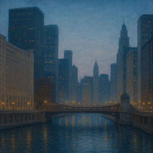 Chicago Riverfront Architecture at Blue Hour No. 23 Oil Painting 100% Hand Painted Oil on Belgian Linen Canvas, Original Fine Art Wall Decor