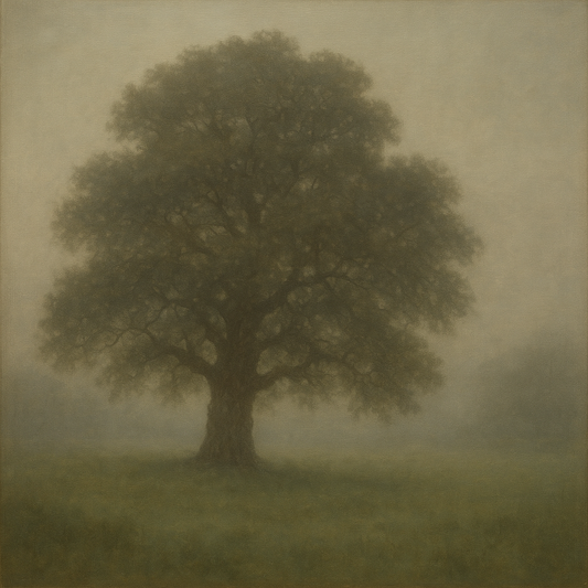 Ancient Solitary Oak in Morning Fog Oil Painting - View 1