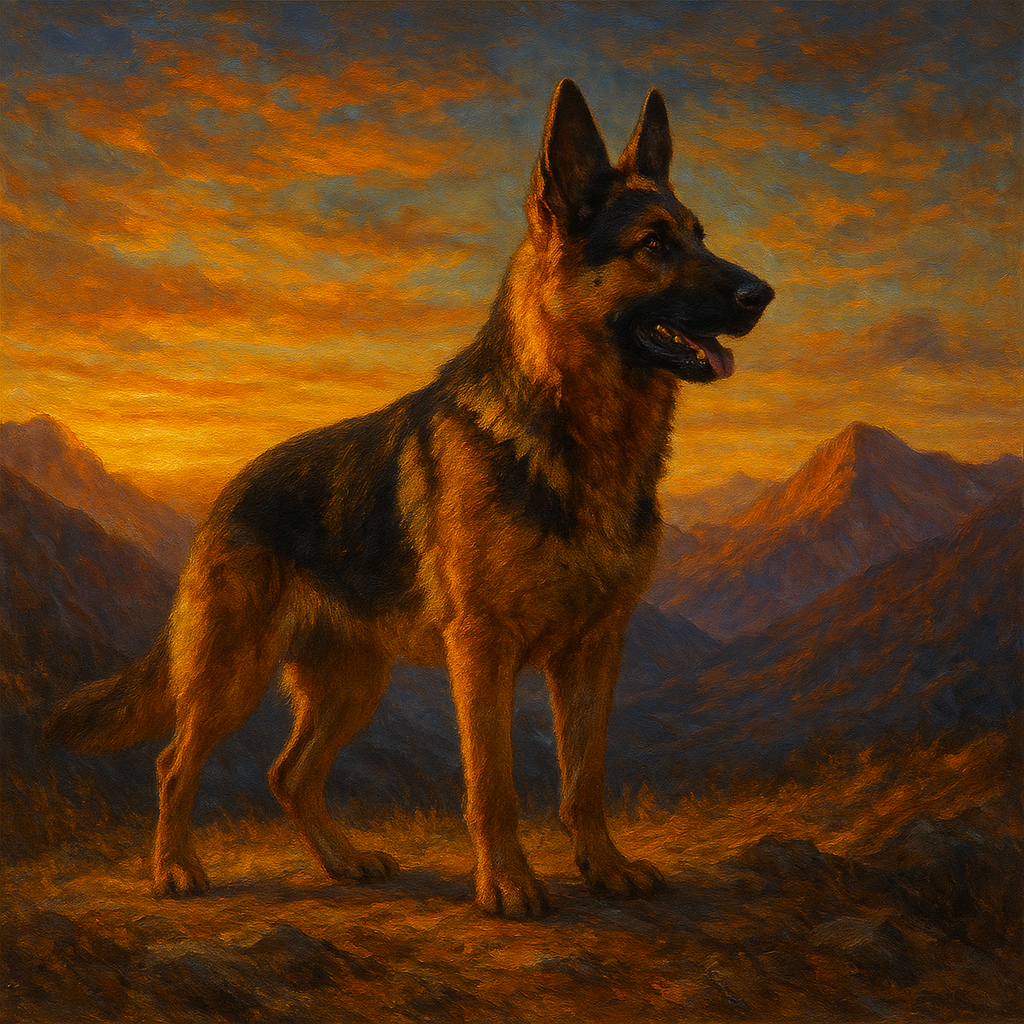 German Shepherd Standing in Alpine Sunset No. 9 Fine Art Oil Painting - View 1