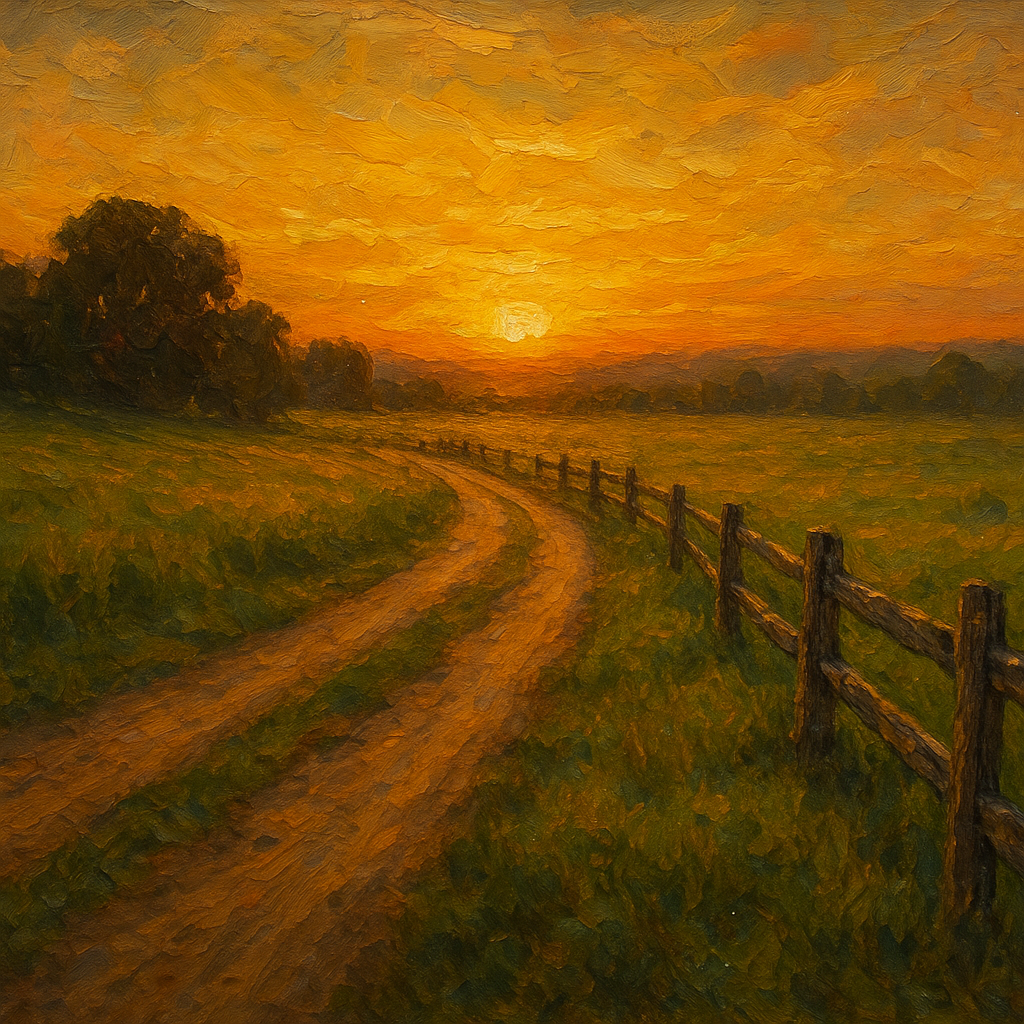 Golden Hour Country Lane & Fence No. 2 Oil Painting - 100% Hand-Painted Master Oil Painting
