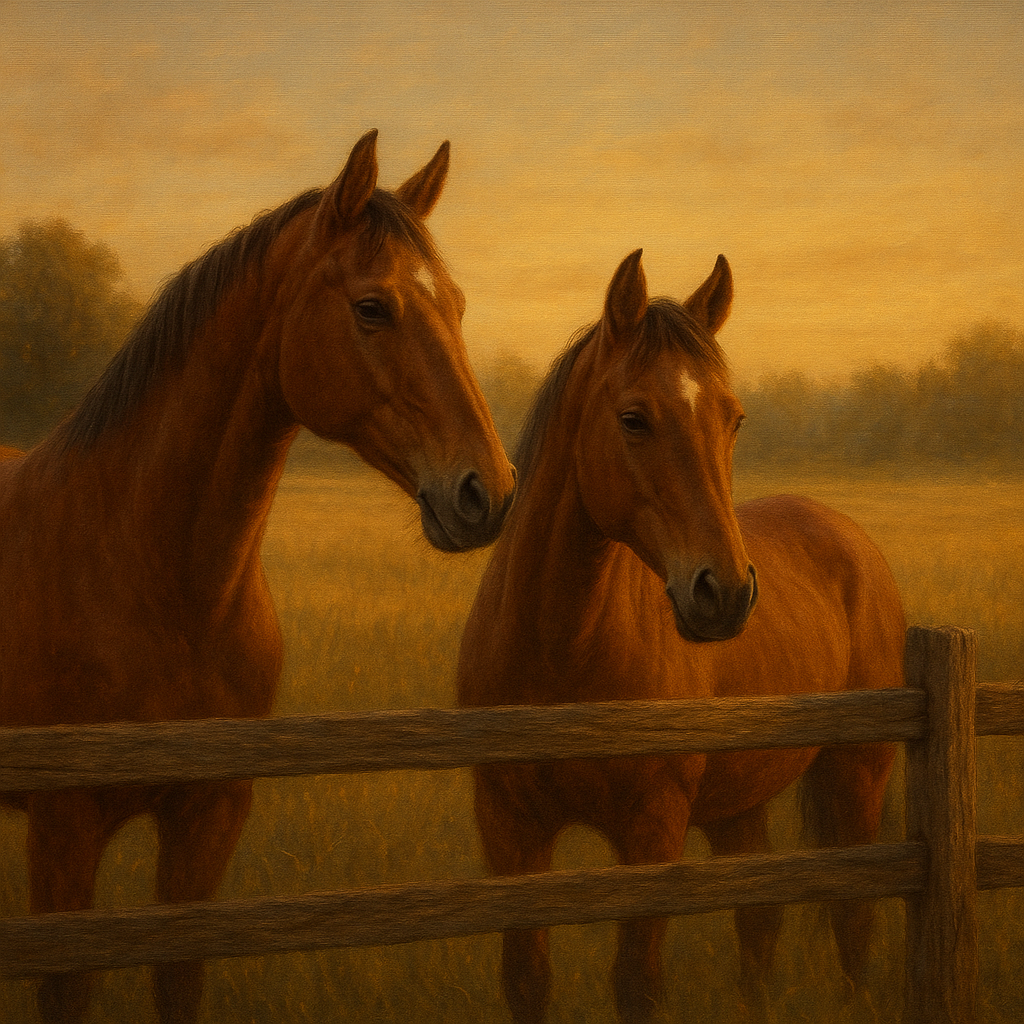 Two Horses at Rustic Post & Rail Fence No. 15 Oil Painting 100% Hand Painted Oil on Belgian Linen Canvas, Original Fine Art Wall Decor