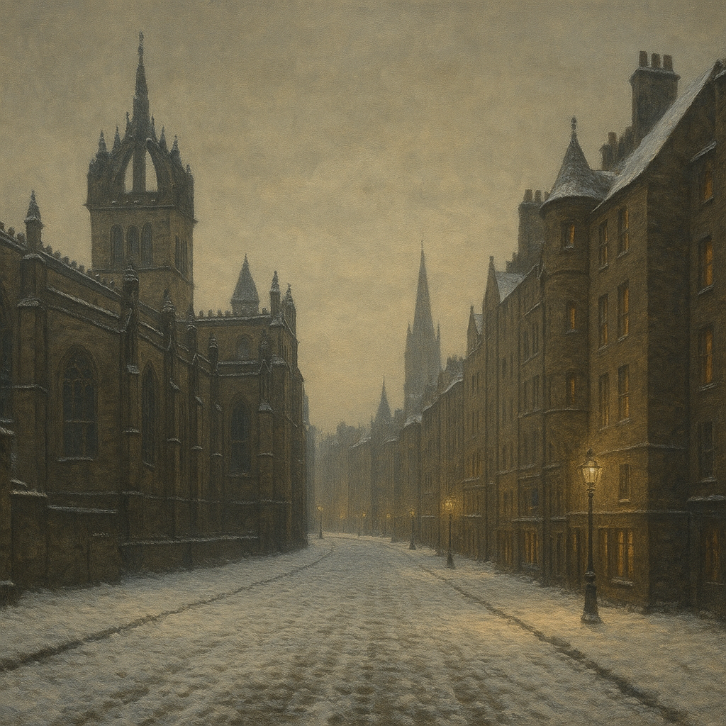 Edinburgh Old Town Royal Mile in Snow No. 2 Oil Painting - View 1