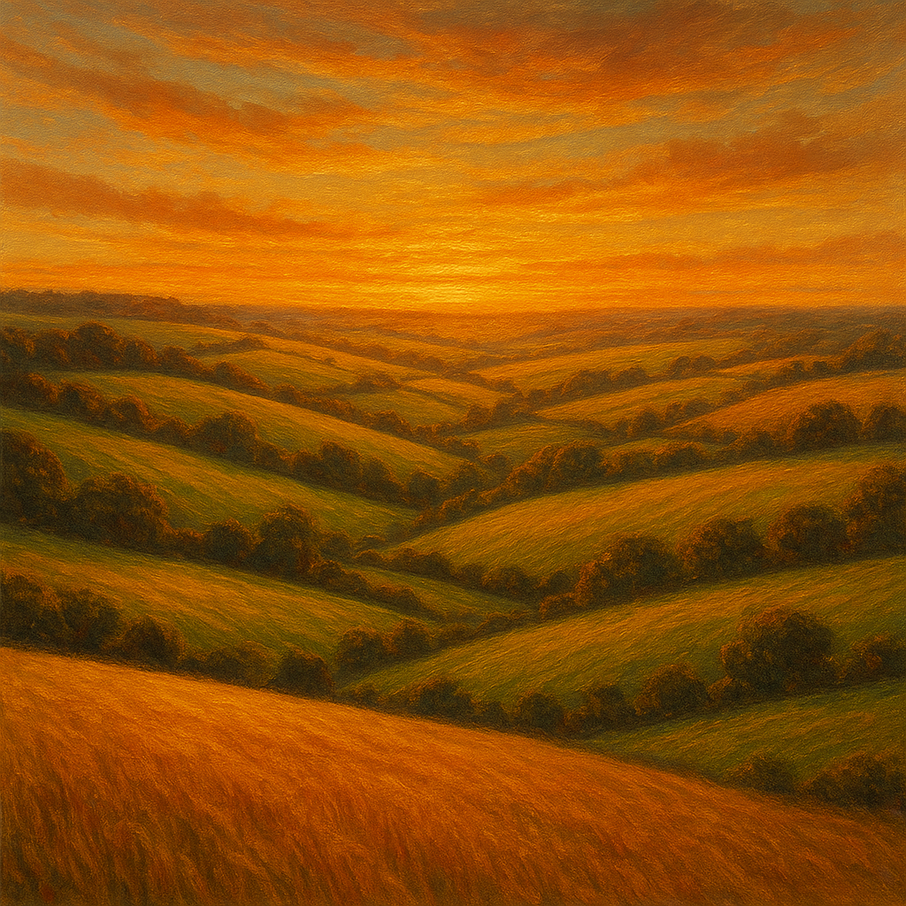 Rolling Pastoral Hills in Warm Golden Sunset No. 6 Fine Art Oil Painting - View 1